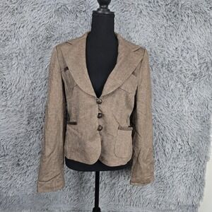 Banana Republic Herringbone Blazer 12 Brown Wool Blend Velvet Trim Elbow Patch